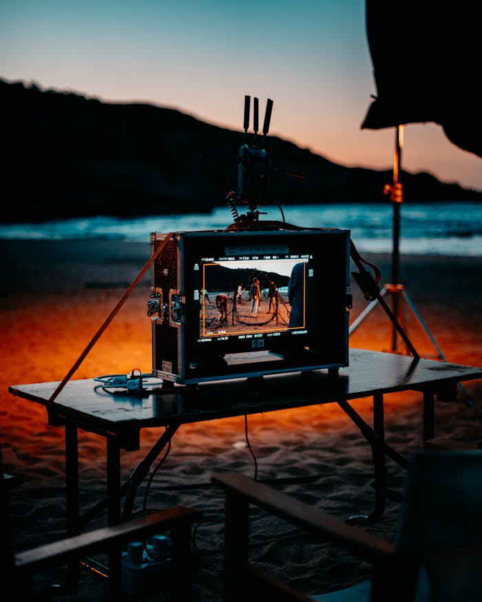 Film equipment on a beach at twilight as a movie is shot. Atmospheric and cinematic.