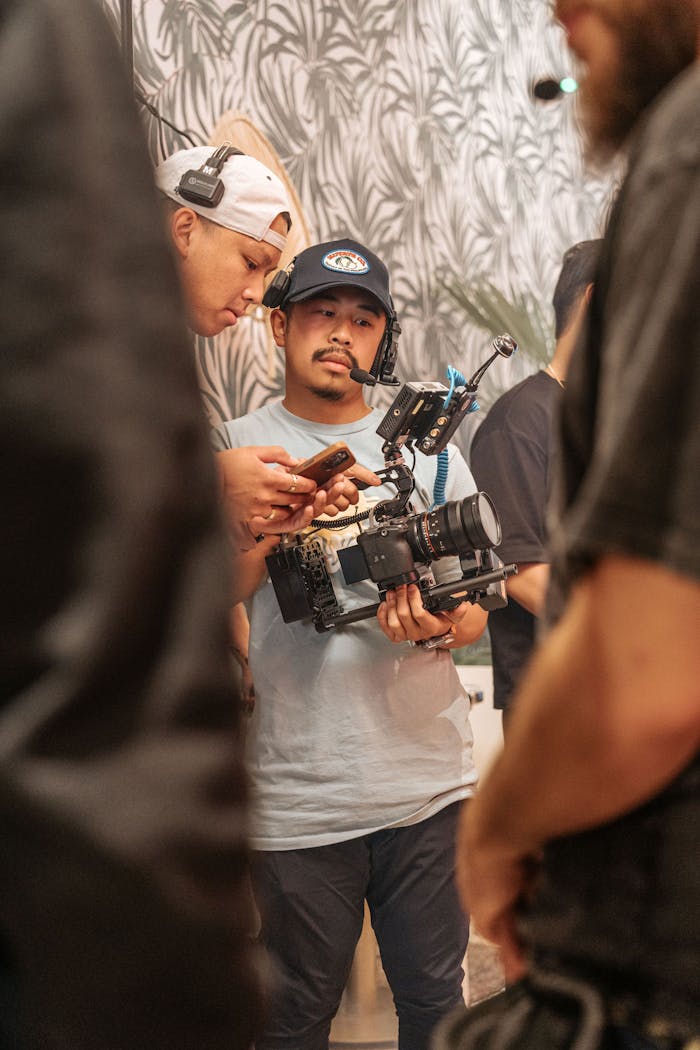 Two filmmakers in Orlando coordinating on set with cameras and gear.