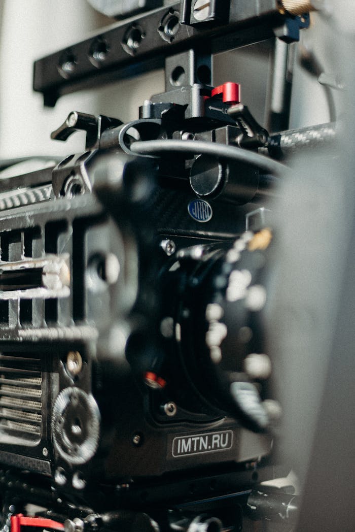 Detailed view of professional film camera equipment, focus on machinery.
